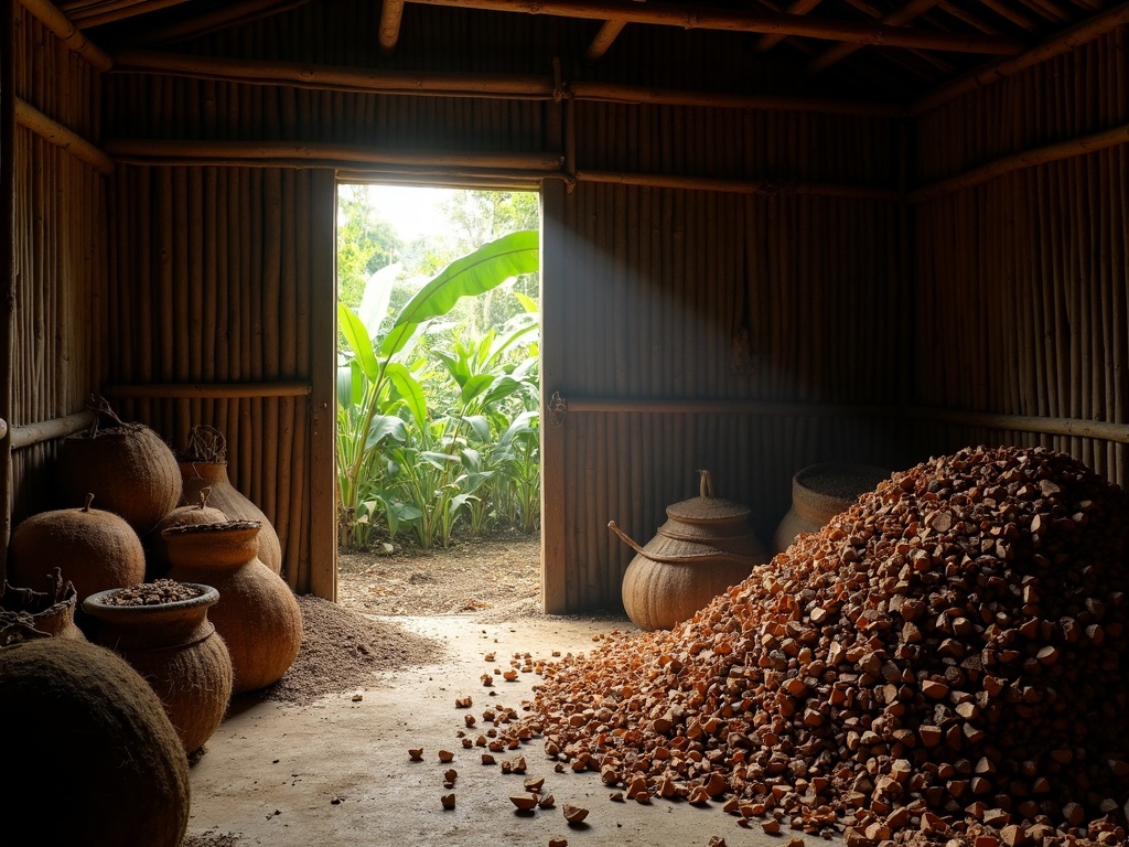 Coconut shell raw material heap at a Bali charcoal workshop