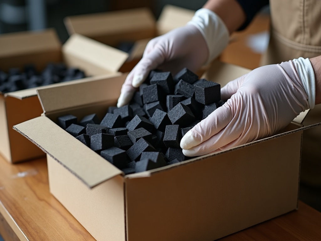 Packing shisha charcoal cubes into 1kg inner boxes and a 10kg master carton