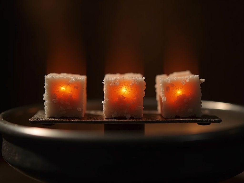 Three coconut charcoal cubes glowing evenly on a hookah heat management device during a burn test
