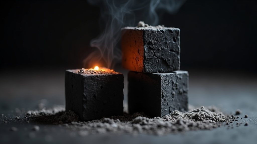 Coconut-shell shisha charcoal cubes with one ember-lit cube and fine grey ash